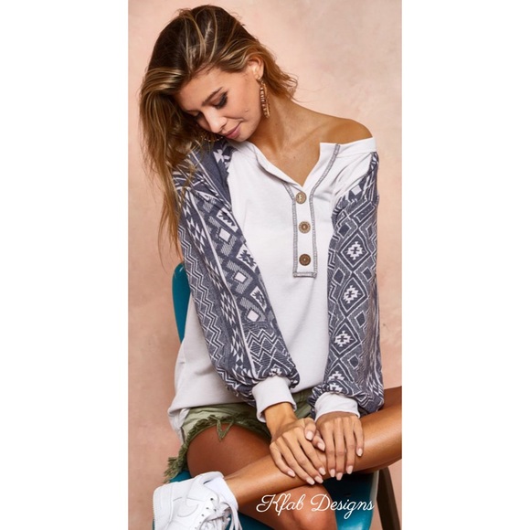 - LAST 1! French Terry Super Soft Aztec Sleeve Henley! - Picture 5 of 10